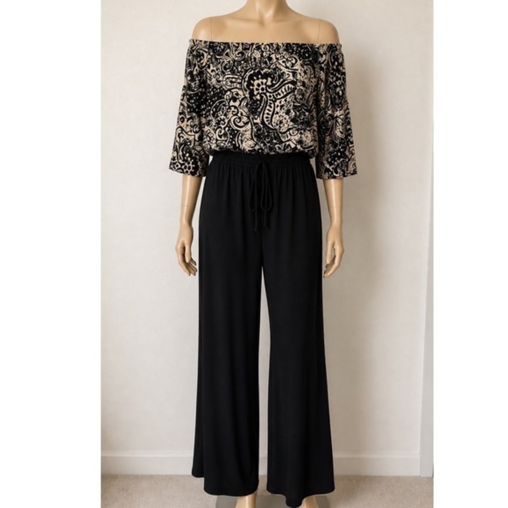 Soho Womens Paisley Print Cowl Neck Wide Leg Jumpsuit Black Cream L 64507S